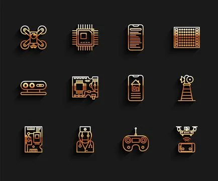 Set line Electronic computer components motherboard digital chip, Robot doctor Illustrazione stock