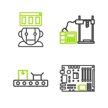 Set line Electronic computer components motherboard digital chip, Conveyor .. Stock-Illustration