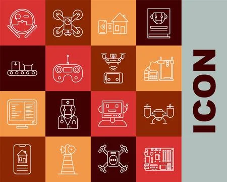 Set line Electronic computer components motherboard digital chip, 3D printe.. Illustrazione stock