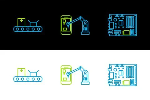 Set line Electronic computer components motherboard digital chip, Conveyor .. Stock Illustration