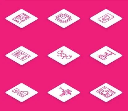 Set line Electronic computer components motherboard digital chip, Drone fly.. Illustrazione stock