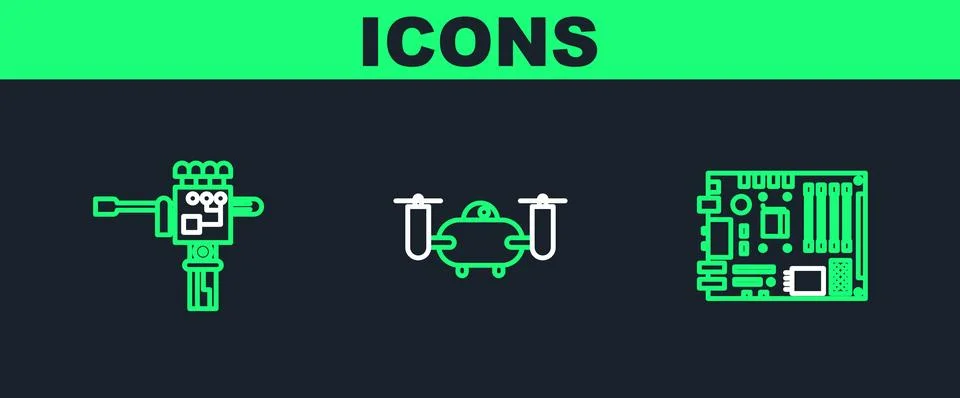 Set line Electronic computer components motherboard digital chip, Mechanica.. Illustrazione stock