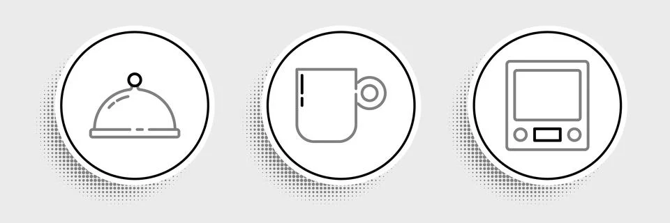 Set line Electronic scales, Covered with tray of food and Coffee cup icon Stock Illustration