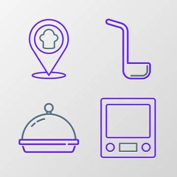 Set line Electronic scales, Covered with tray of food, Kitchen ladle and Ch.. Stock Illustration