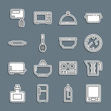 Set line Electronic scales, Measuring cup, Cutting board, Covered with tray Stock Illustration