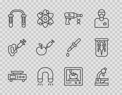Set line Electronic scales, Microscope, Transfer liquid gun, Magnet, Test tube Stockillustratie