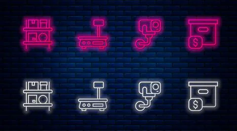 Set line Electronic scales, Security camera, Warehouse interior with boxes and Stock Illustration