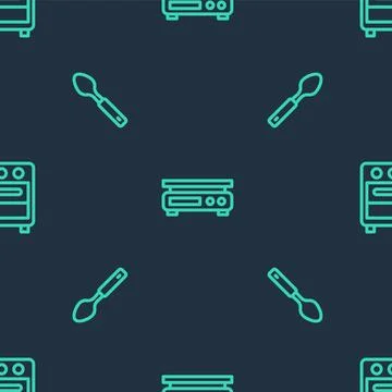 Set line Electronic scales, Spoon and Oven on seamless pattern. Vector 库存插图
