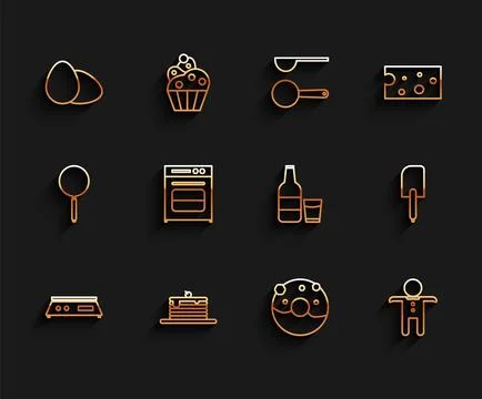 Set line Electronic scales, Stack of pancakes, Chicken egg, Donut with sweet Illustrazione stock