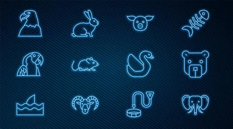 Set line Elephant, Bear head, Pig, Rat, Macaw parrot, Eagle, Swan bird and .. Stock Illustration