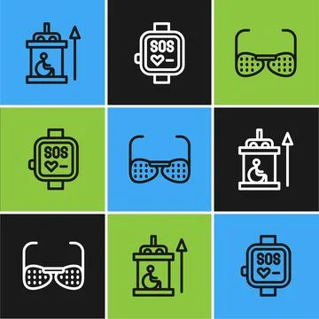 Set line Elevator for disabled, Blind glasses and Smart watch icon. Vector 스톡 일러스트