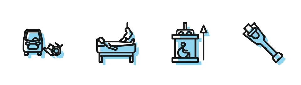 Set line Elevator for disabled, Disabled car, Patient with broken leg and Stock Illustration