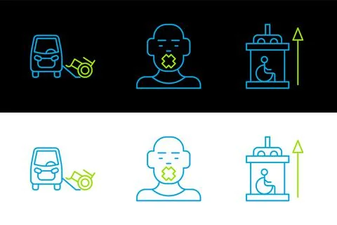 Set line Elevator for disabled, Disabled car and Head of deaf and dumb icon Stock Illustration