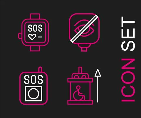 Set line Elevator for disabled, Press the SOS button, Blindness and Smart watch Stock Illustration