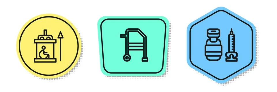 Set line Elevator for disabled, Walker and Syringe. Colored shapes. Vector Stock Illustration
