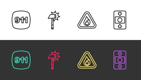 Set line Emergency call 911, Firefighter axe, flame in triangle and alarm sys Illustration
