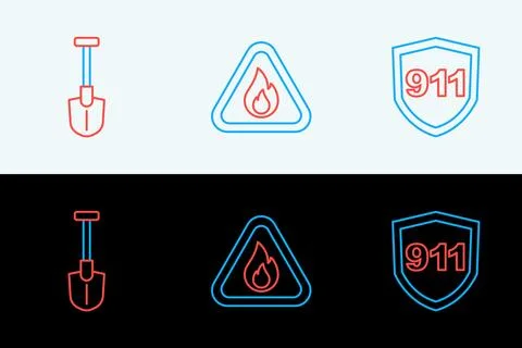 Set line Emergency call 911, Fire shovel and flame in triangle icon. Vector Illustration