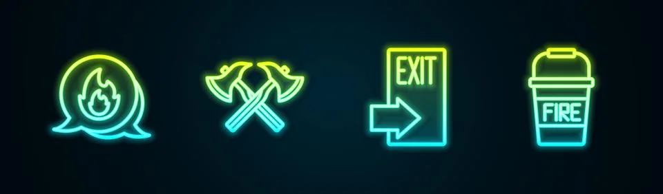Set line Emergency call, Firefighter axe, exit and bucket. Glowing neon ico.. Stock Illustration