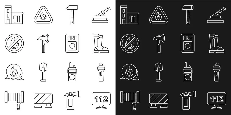 Set line Emergency call, Flashlight, Fire boots, Hammer, Firefighter axe, No Ilustración de archivo