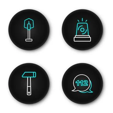 Set line Emergency call, Hammer, Flasher siren and Fire shovel icon. Vector Illustration