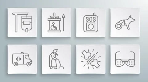Set line Emergency car, Elevator for disabled, Grandmother, Joint pain, kne.. Stock Illustration