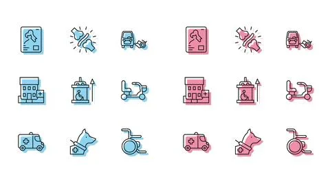Set line Emergency car, Guide dog, X-ray shots, Wheelchair, Elevator for di.. Stock Illustration