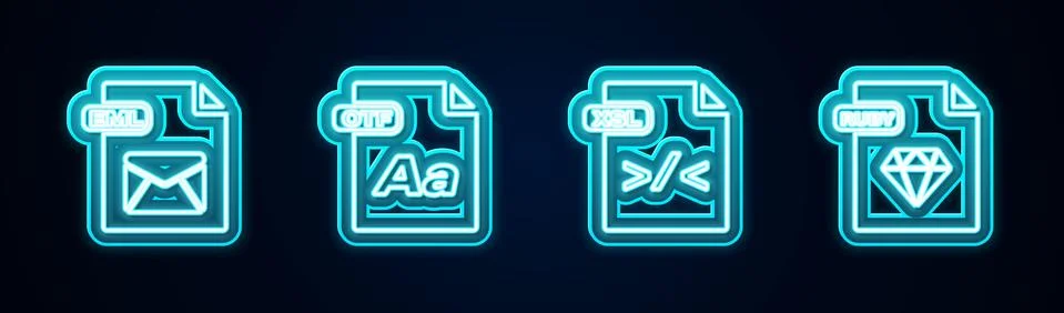 Set line EML file document, OTF, XSL and RUBY. Glowing neon icon. Vector Stock Illustration