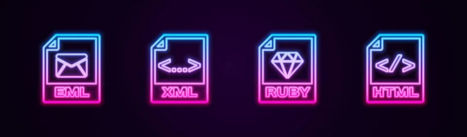 Set line EML file document, XML, RUBY and HTML. Glowing neon icon. Vector Illustrazione stock