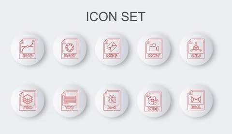 Set line EML file document, PSD, MSG, MP3, SVG, RAW, TXT and AVI icon. Vector Stockillustratie