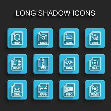 Set line EML file document, SVG, GIF, DOC, WMA, ZIP, DLL and MP3 icon. Vector Stock Illustration
