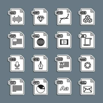 Set line EML file document, RAW, JS, SVG, HTML, PDF, WAV and MP4 icon. Vector Stock Illustration