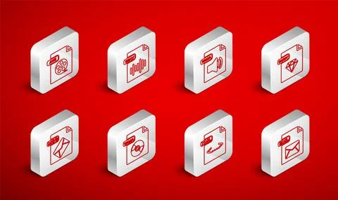 Set line EML file document, WAV, WMA, RUBY, XML, AVI, and MSG icon. Vector Stock Illustration