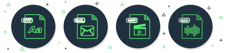 Set line EML file document, MOV, OTF and WAV icon. Vector 库存插图