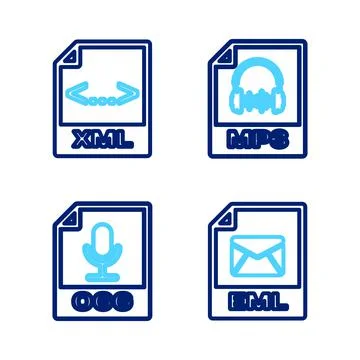 Set line EML file document, OGG, MP3 and XML icon. Vector 库存插图