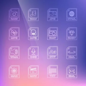 Set line EML file document, XML, RUBY, JPG, MP3, RAW and BMP icon. Vector Stock Illustration