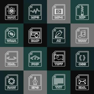 Set line EML file document, CSS, WAV, MP4, BMP, WMA, MAX and AI icon. Vector Illustration