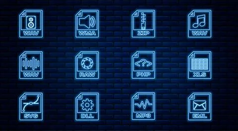 Set line EML file document, XLS, ZIP, RAW, WAV, PHP and WMA icon. Vector イラスト素材