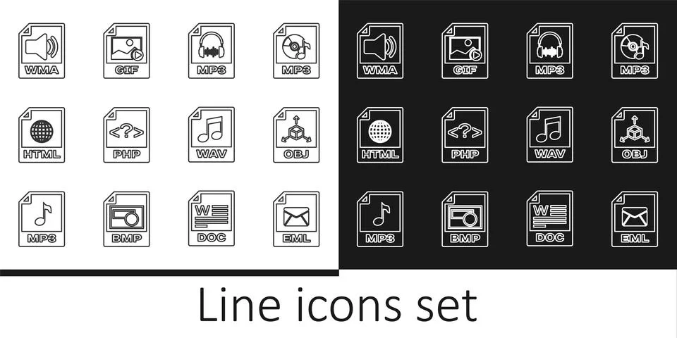 Set line EML file document, OBJ, MP3, PHP, HTML, WMA, WAV and GIF icon. Vecto イラスト素材
