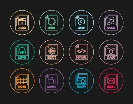 Set line EML file document, RAW, GIF, MAX, MP3, MOV, HTML and  icon. Vector Stock Illustration