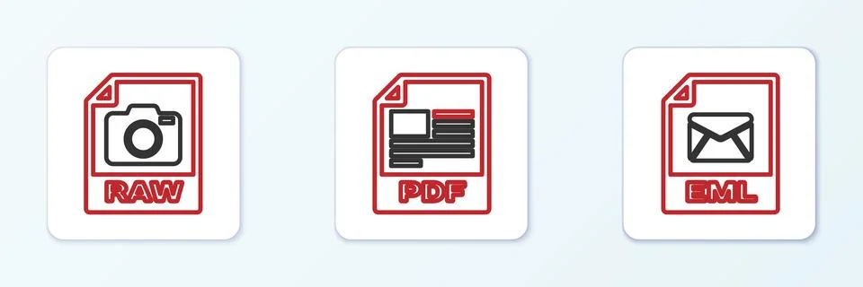 Set line EML file document, RAW and PDF icon. Vector Stock Illustration