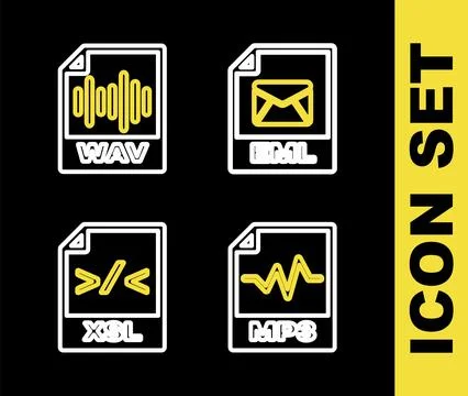 Set line EML file document, MP3, XSL and WAV icon. Vector Stock Illustration