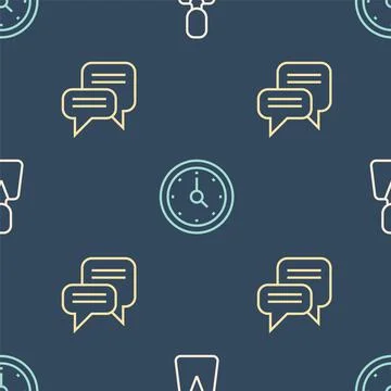 Set line Employee, Speech bubble chat and Clock on seamless pattern. Vector Stock Illustration
