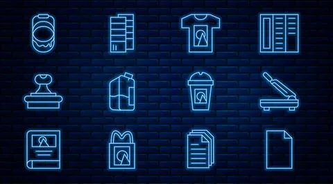 Set line Empty document, Paper cutter, T-shirt, Printer ink bottle, Stamp, Paint Stock Illustration