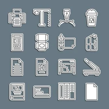Set line Empty document, Paper cutter, Printer ink bottle, Fountain pen nib Stock Illustration