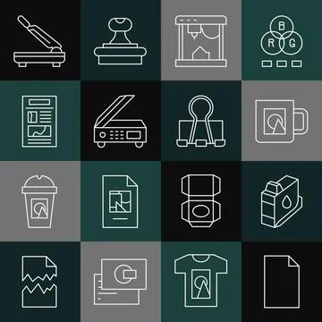 Set line Empty document, Printer ink cartridge, Coffee cup, 3D printer, Scanner Stock Illustration