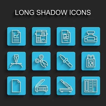 Set line Empty document, Scanner, Document with graph chart, Paper cutter, Br 库存插图