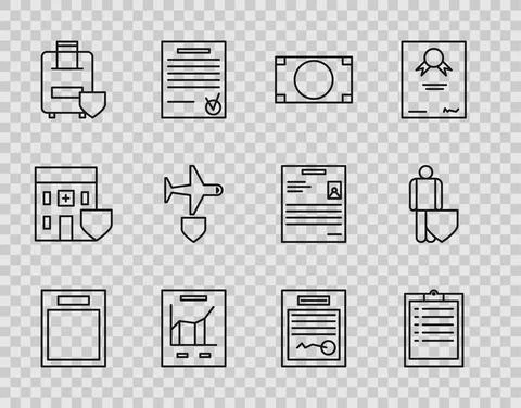 Set line Empty form, Clipboard with checklist, Stacks paper money cash, Document Stock Illustration