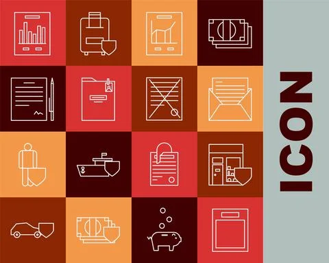 Set line Empty form, Shopping building with shield, Mail and e-mail, Document Ilustración de archivo