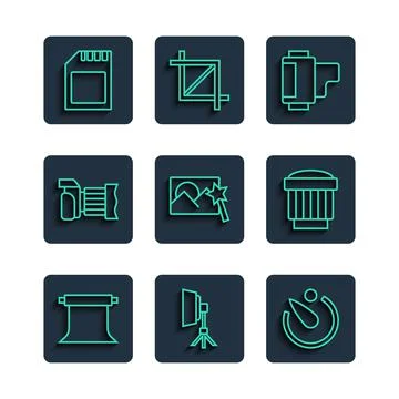 Set line Empty photo studio, Softbox light, Camera timer, roll cartridge, Photo Stock Illustration