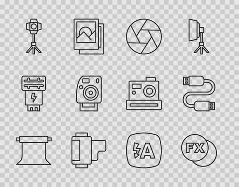 Set line Empty photo studio, Photo camera fx, Camera shutter, roll cartridge Stock Illustration